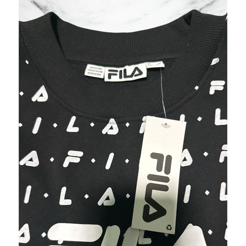 Fila Sweatshirt Women’s 2X Black All Over Logo Crewneck Pullover Long Sleeve NWT